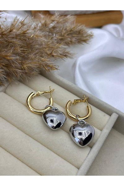 Yıldız Accessory Gold Color Hoop Steel Earrings with Silver Heart Detail