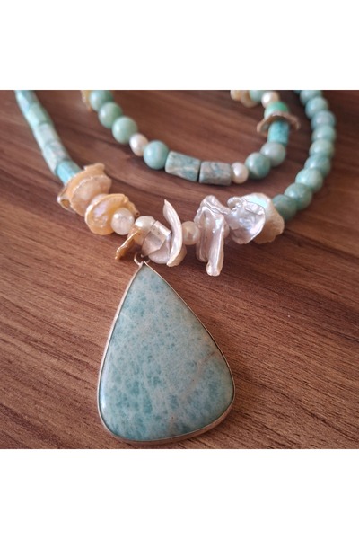 azra takı tasarım Amazonite Natural Stone ,, Pearl, Turquoise Short Women's Necklace