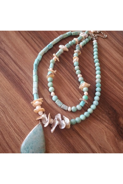 azra takı tasarım Amazonite Natural Stone ,, Pearl, Turquoise Short Women's Necklace