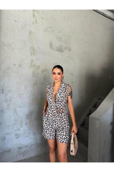 Butik Leopard Shorts Jumpsuit Jacket with Collar Buckle Detail - Leopard