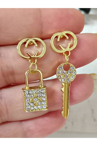mos&more Gold Key Lock Stone Women's Earrings