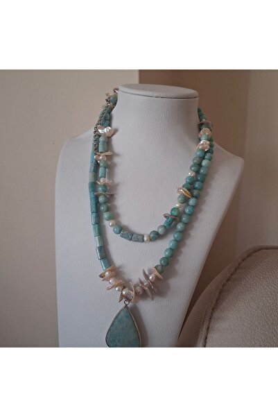 azra takı tasarım Amazonite Natural Stone ,, Pearl, Turquoise Short Women's Necklace