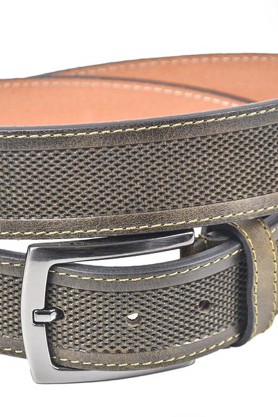 DeepSEA Men's Green Original Leather Belt 4 cm Width Stitched Sides Genuine Leather Sports Belt 2502651