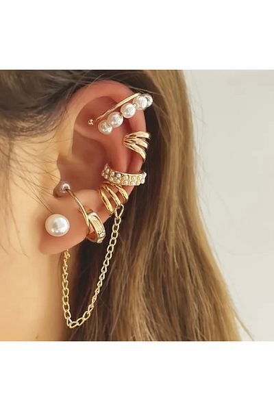 Accessories Hei Golden Yellow Pearl Detailed Set of 6 Daily Use Women's Earrings Set