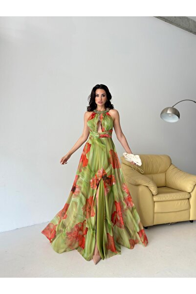 Serica Moda Green Patterned Halter Neckline Design Chiffon Evening Dress