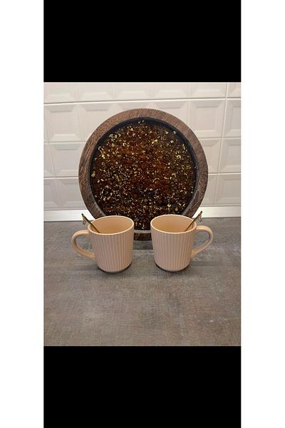 SART Creative Wooden and Epoxy Serving Tray Set with Cups and Spoons - Diameter 28 Cm