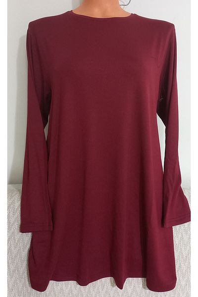 Anne Er Clothing Combed Cotton Tunic Long-Sleeve Crew Neck Claret Red