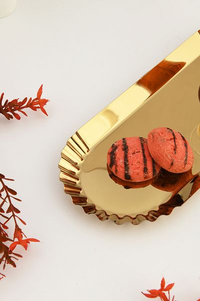 AKSESUAR EVRENİ Davin Gold Single Decorative Stainless Oval Serrated Edges Special Presentation Tray