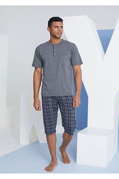 İpek Men's Short Sleeve Midi Collar 100% Cotton Capri Pajama Set