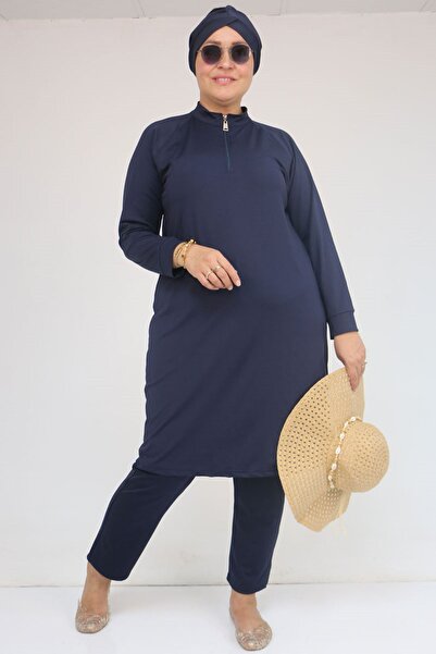 Eslina 1732 Large Size Turtleneck Zippered Swimsuit - Navy Blue