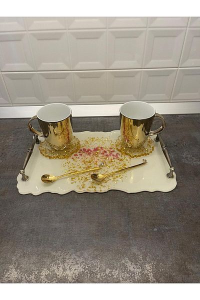 SART Creative Epoxy Serving Tray Set with Cups, Stand and Spoons - 35x21 Cm