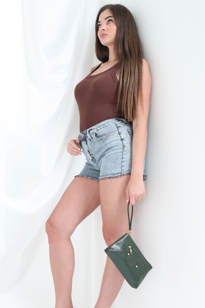 Aethel Ön Fermuarlı El Askılı Yeşil Croco Desenli Portföy Çanta