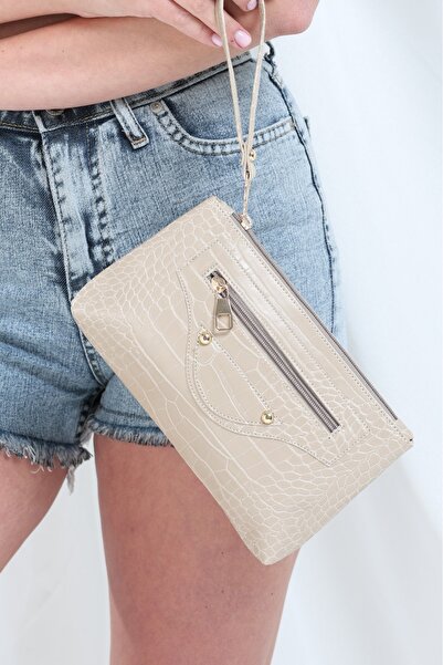 Aethel Ön Fermuarlı El Askılı Bej Croco Desenli Portföy Çanta