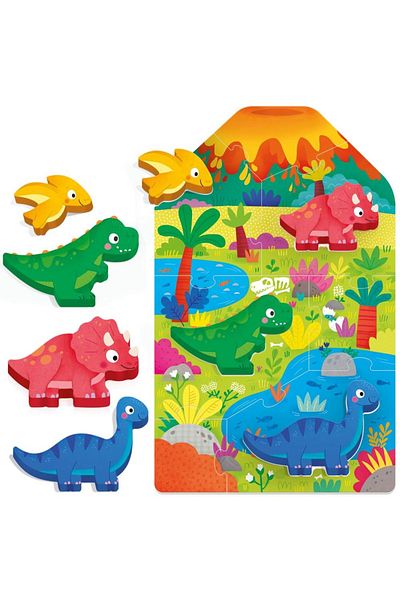 Headu - Montessori My First Dinosaur Puzzle Including 4 Wooden Shapes