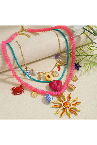 MODA 3’lü Renkli Yaz Temalı Kolye Seti – Deniz Kabuklu, Charm Detaylı, Ayarla...