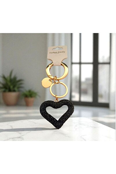 AKSESUARIM Heart Figured Black Stone Bag Ornament and Keychain