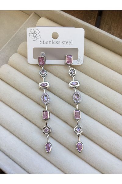 GUNESTAKI Silver Pink Colored Stone Geometric Model Zircon Earrings