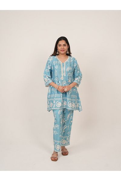 Lehar Sky Blue Abstract Print Co-Ord Set