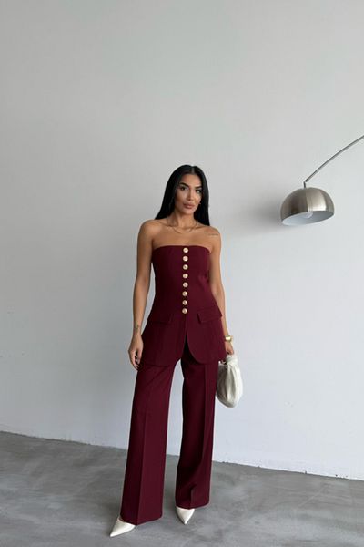 modamtn Design Gold Buttoned Strapless Vest - Claret Red