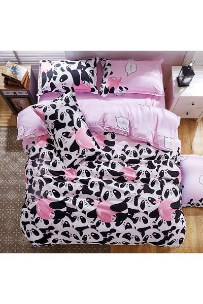 İQON Fitted Sheet Duvet Cover Set Single Panda Pink