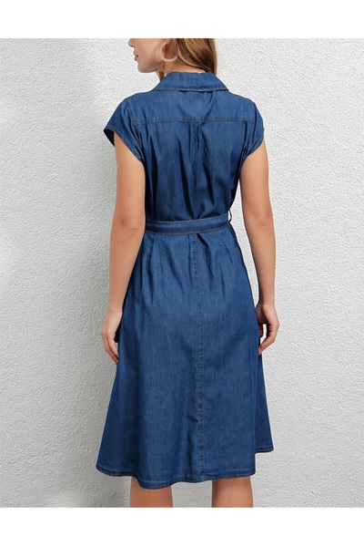 GÜLÇİNCE %100 Pamuk Organik İnce, Terletmeyen, Mavi Yazlık, Kuşaklı Kot Elbise 36 38 40 42 44 Beden
