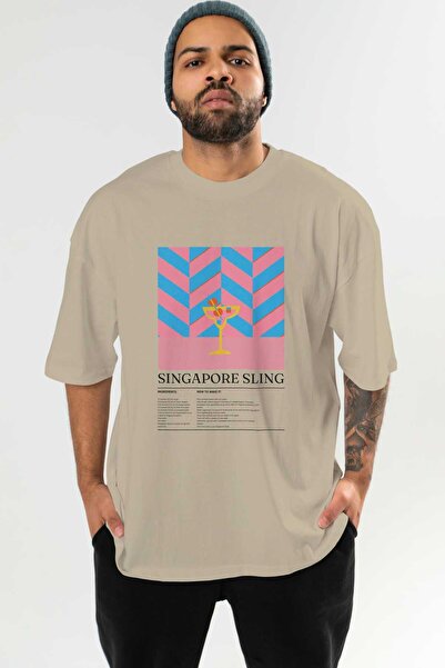 Ankhises تي شيرت سنغافوري سلينج كوكتيل مطبوع من الأمام مقاس كبير للرجال والنس...