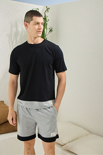 İpek Men's Short Sleeve O Neck 100% Cotton Shorts Pajamas Set