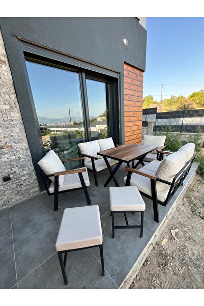 Kırlenta 2 2 1 1 + 2 ADET PUF KREM Yemek Masası Bahçe Takımı Balkon Takımı Bahçe Seti Oturma Grubu