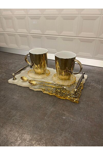 SART Creative Epoxy Serving Tray Set with Cups, Stand and Spoons - 30x18 Cm