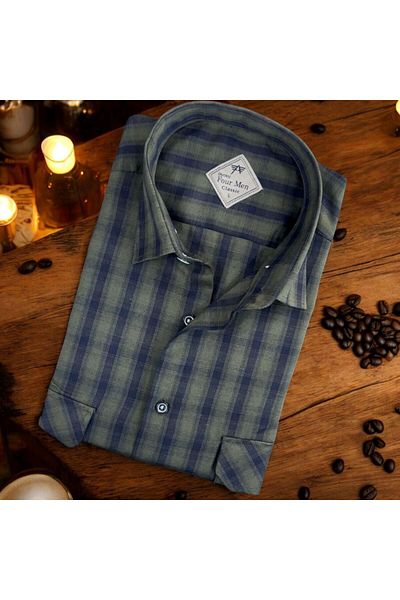 EREN STYLE Cămașă verde din lână, clasică, 100% bumbac, cu mânecă lungă, anti-transpirație, cu două buzunare (model obișnuit)