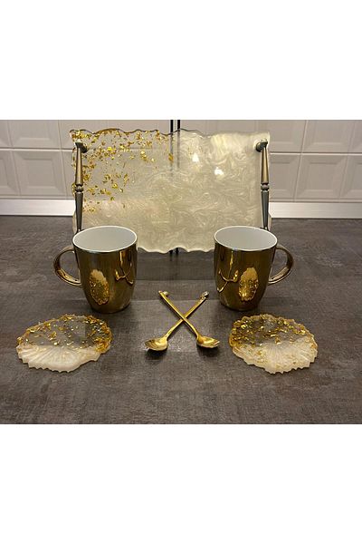 SART Creative Epoxy Serving Tray Set with Cups, Stand and Spoons - 30x18 Cm