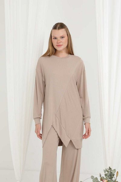 Puane Costum de damă, culoare bej, croială confortabilă, cu pantaloni asimetrici, 14355