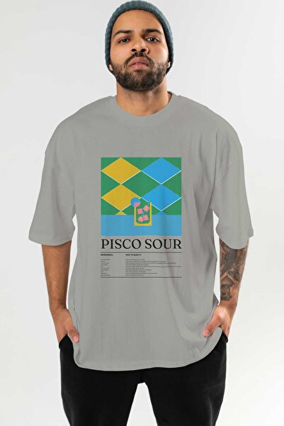 Ankhises Pisco Sour Cocktail μπροστινό εμπριμέ μπλουζάκι Oversize Ανδρικό Γυναικείο Βαμβακερό μπλουζάκι με λαιμόκοψη