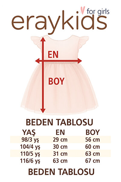 Eray Kids Kız Çocuk Tüllü Abiye Elbise Kelebek Kollu Taş Detaylı Saten Kabarık Doğum Günü Elbisesi 3-6 Yaş