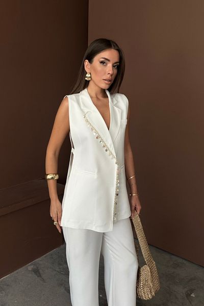 modamtn Collar mussel shell vest - pantalon set linen fabric - white