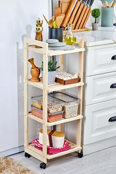 Milenay Naturalis Serisi 4 Katlı Tekerlekli Masif Ahşap Raf - Çok Amaçlı Mutfak & Banyo Düzenleyici
