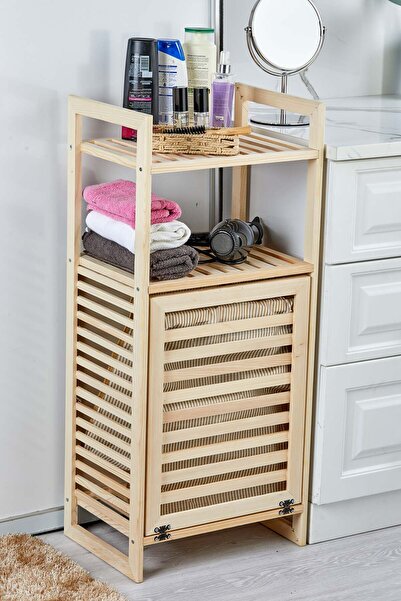 Turkco Wooden Serisi Doğal Ahşap Raflı Banyo Dolabı ve Kirli Çamaşır Sepeti, ...