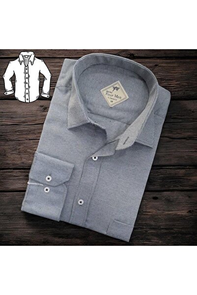 EREN STYLE Κλασικό λινό 100% βαμβακερό μακρυμάνικο πουκάμισο γκρι με μονή τσέ...