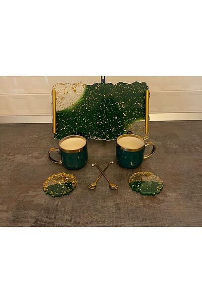 SART Creative Epoxy Serving Tray Set with Cups, Stand and Spoons - 35x21 Cm