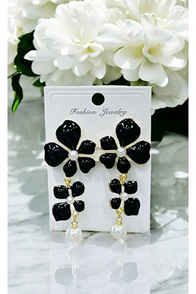 Home Pearl Detailed Floral Earrings Black and Burgundy