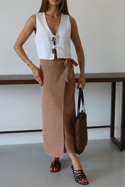 Mogi Butik Women's Waist Tie Linen Blended Woven Skirt 3091