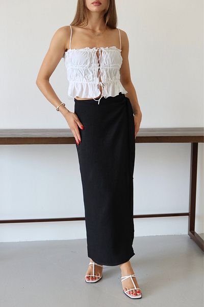 Mogi Butik Women's Waist Tie Linen Blended Woven Skirt 3091