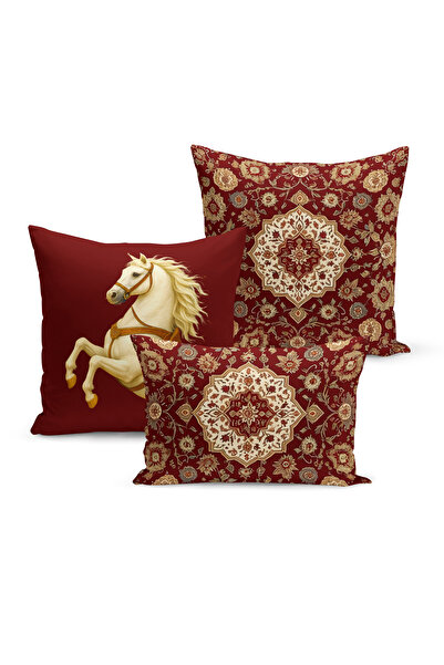 Bertille Home Klasik At Serisi Çift Tarafı Dijital Baskılı 3'lü Kırlent Kılıfı Seti (Horse)