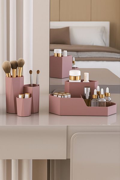 DOVİHOME Комплект от 2 бижута за грим, четки за грим, кутия за козметични серуми, органайзер Dusty Rose