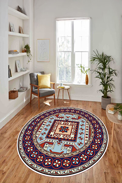 Viyana Home Dijital Kaymaz Taban Etnik Eski Görünümlü Yıkanabilir Yuvarlak Mu...