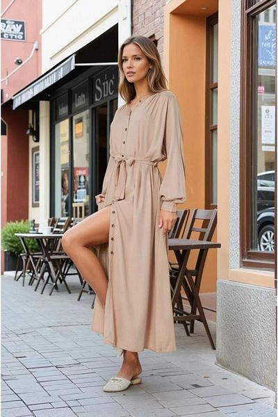 Pasaklı Giyim Women's New Season Viscose Belmando Long Sleeve Dress Suitable for Hijab with Belt Beige Daily Wear 3736451