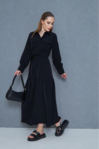 Pasaklı Giyim Women's New Season Viscose Belmando Long Sleeve Dress Suitable for Hijab with Belt Black Casual 3736451
