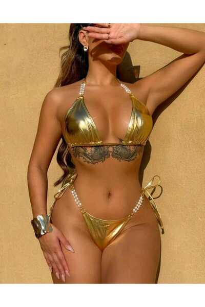 Veille Büyük Beden Altın Rengi Parlak Bikini Takımı Toparlayıcı Seksi