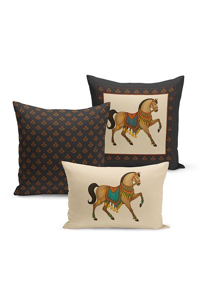 Bertille Home Classic Horse Series Double Sided Digital Printed Set of 3 Throw Pillow Covers (Horse)