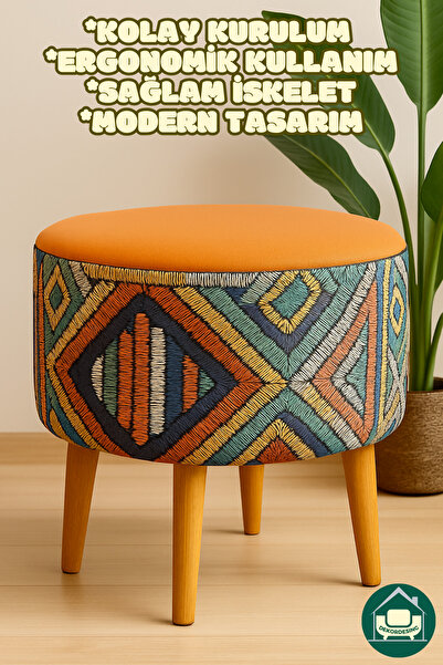 DEKOR MOBİLYACIM Albatros Retro Gürgen Ahşap Ayaklı Dekoratif Etnik Üst Turuncu Desenli Silindir Puf Bench Koltuk